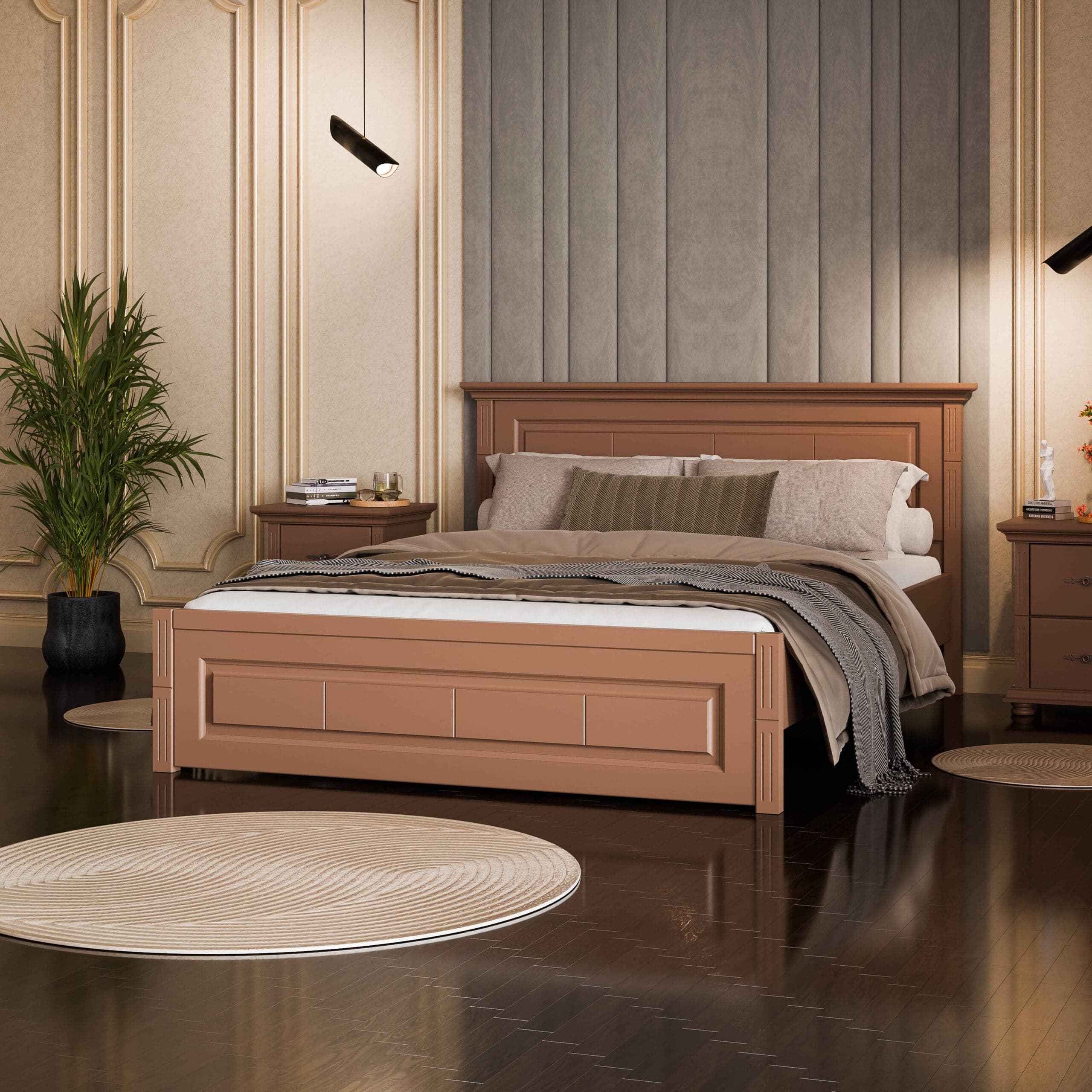 Lit en bois massif Skagen 140, couleur brun terre, tête de lit étroite