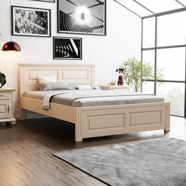 Lit Nordby 180 × 200 en bois massif, couleur beige poudré