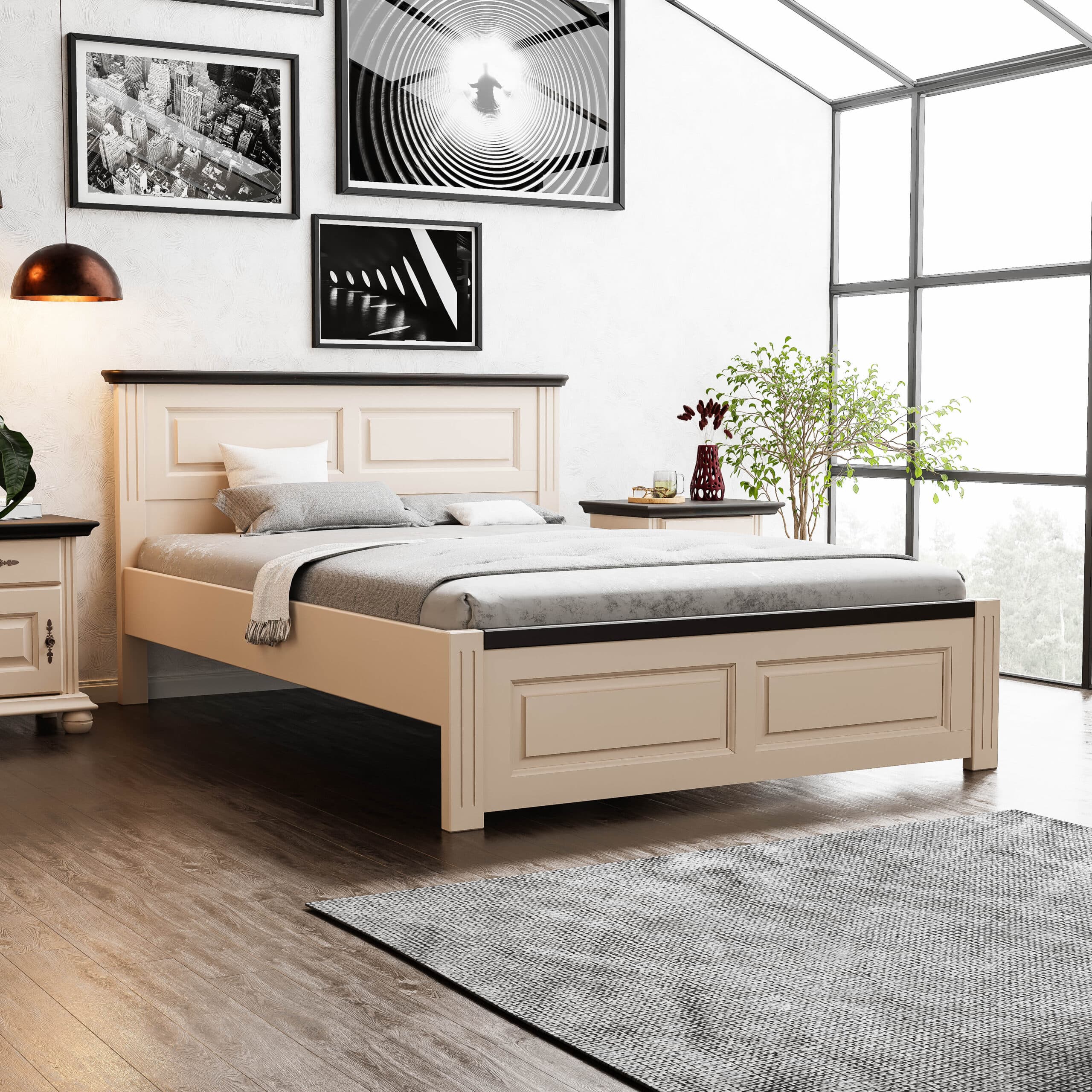 Lit Nordby 180 × 200 en bois massif, couleur beige poudré
