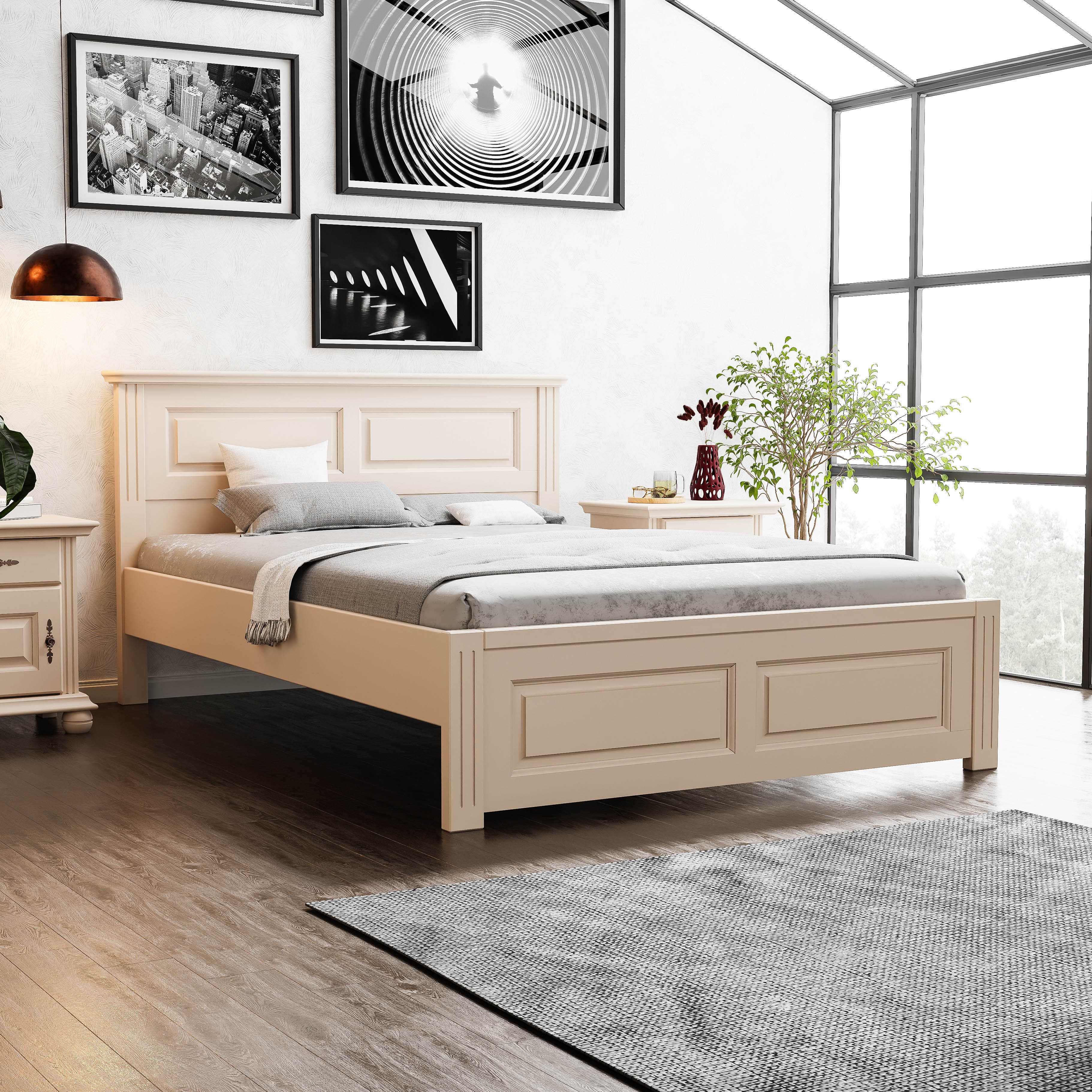 Lit 200 × 200 Nordby en bois massif, couleur beige poudré