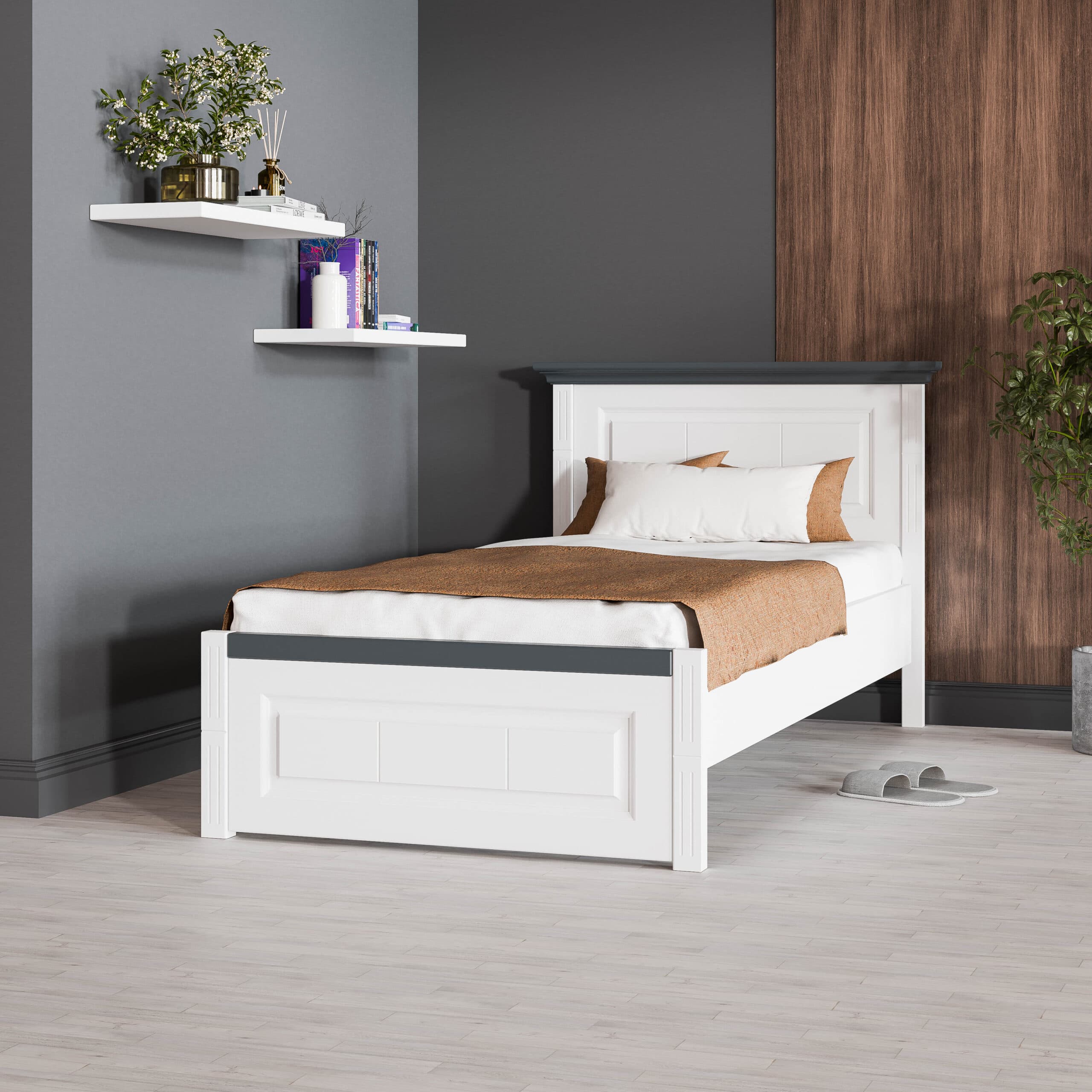 Lit en bois massif Skagen avec tête de lit étroite, 140–180 cm