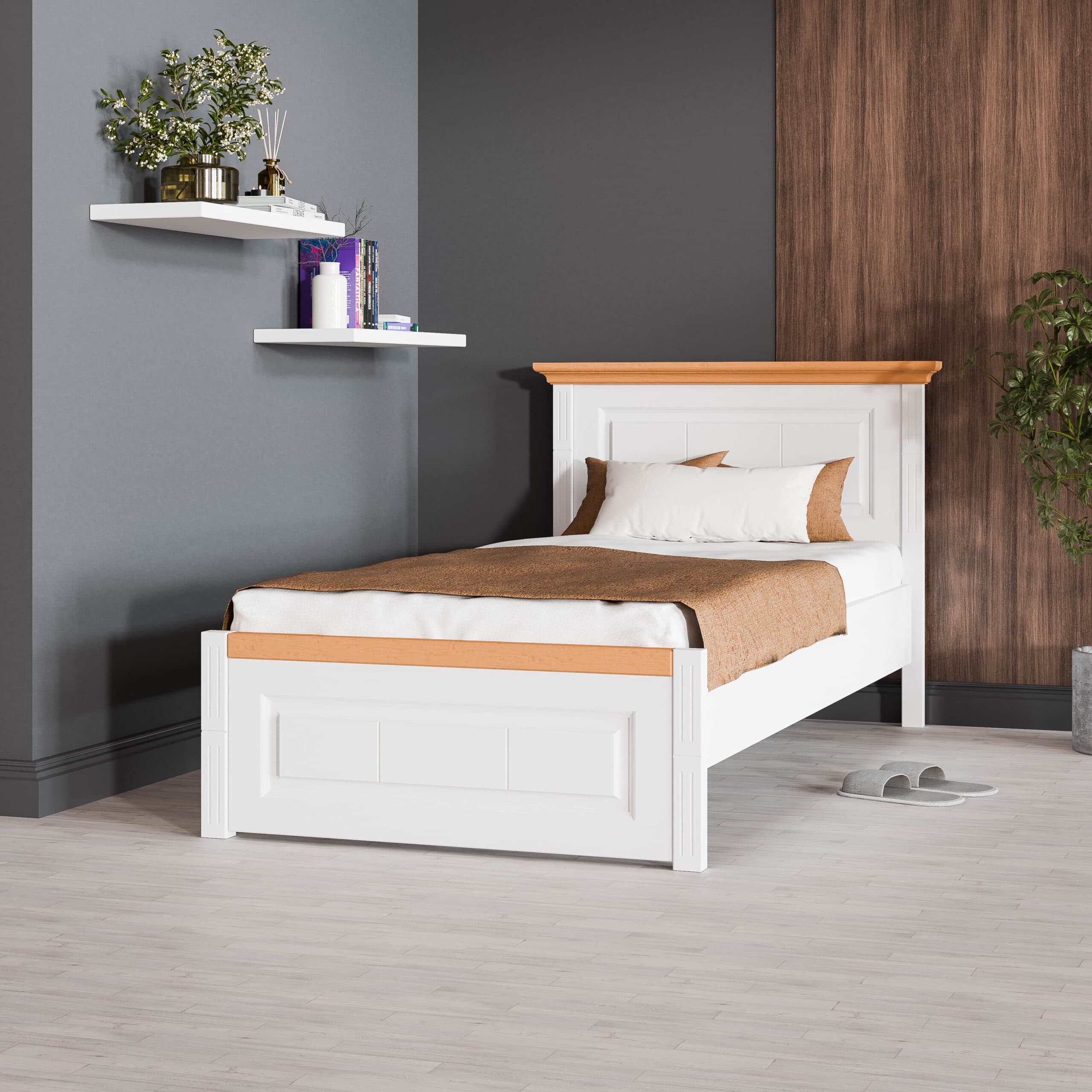 Lit en bois massif Skagen avec tête de lit étroite, 140–180 cm