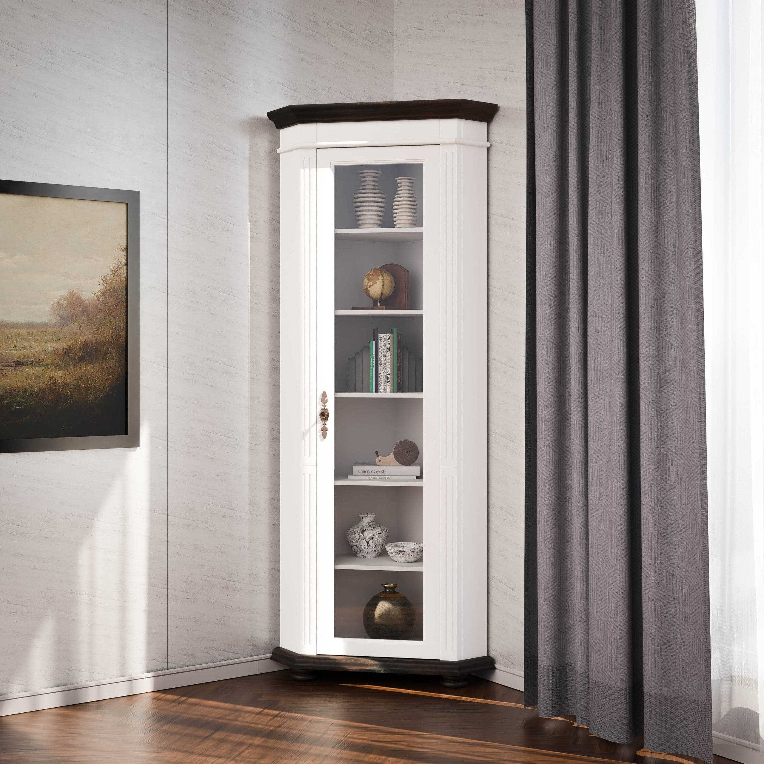 Vitrine d'angle Skagen en bois massif avec façade vitrée