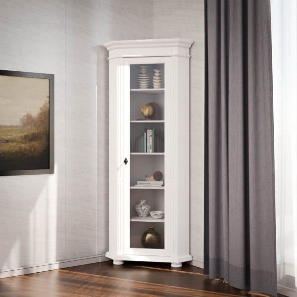 Vitrine d'angle Skagen en bois massif avec façade vitrée