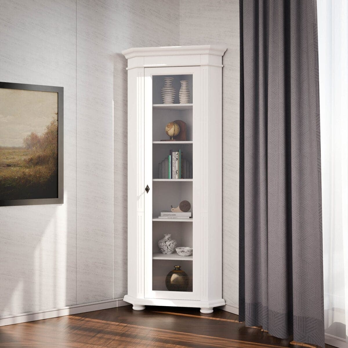 Vitrine d'angle Skagen en bois massif avec façade vitrée