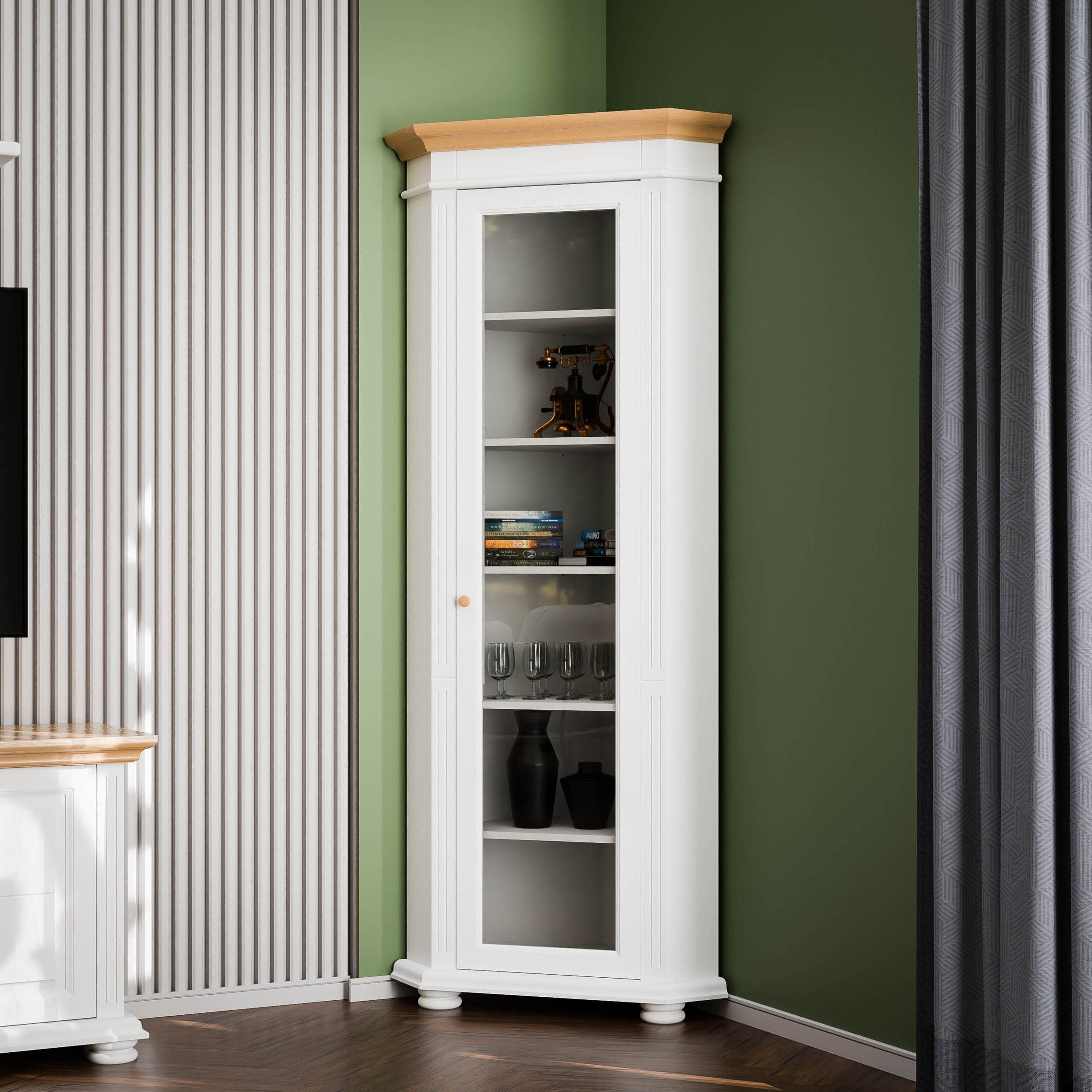 Vitrine d'angle Skagen en bois massif avec façade vitrée