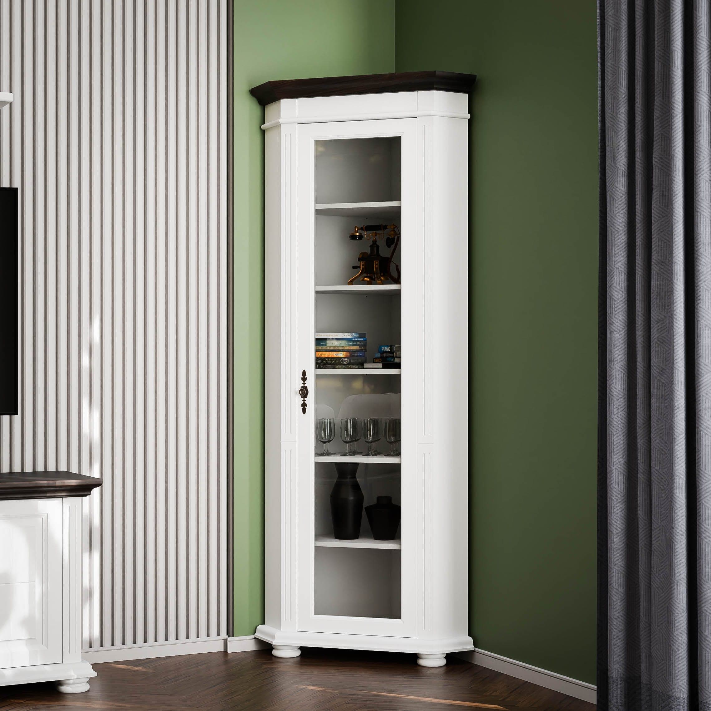 Vitrine d'angle Skagen en bois massif avec façade vitrée