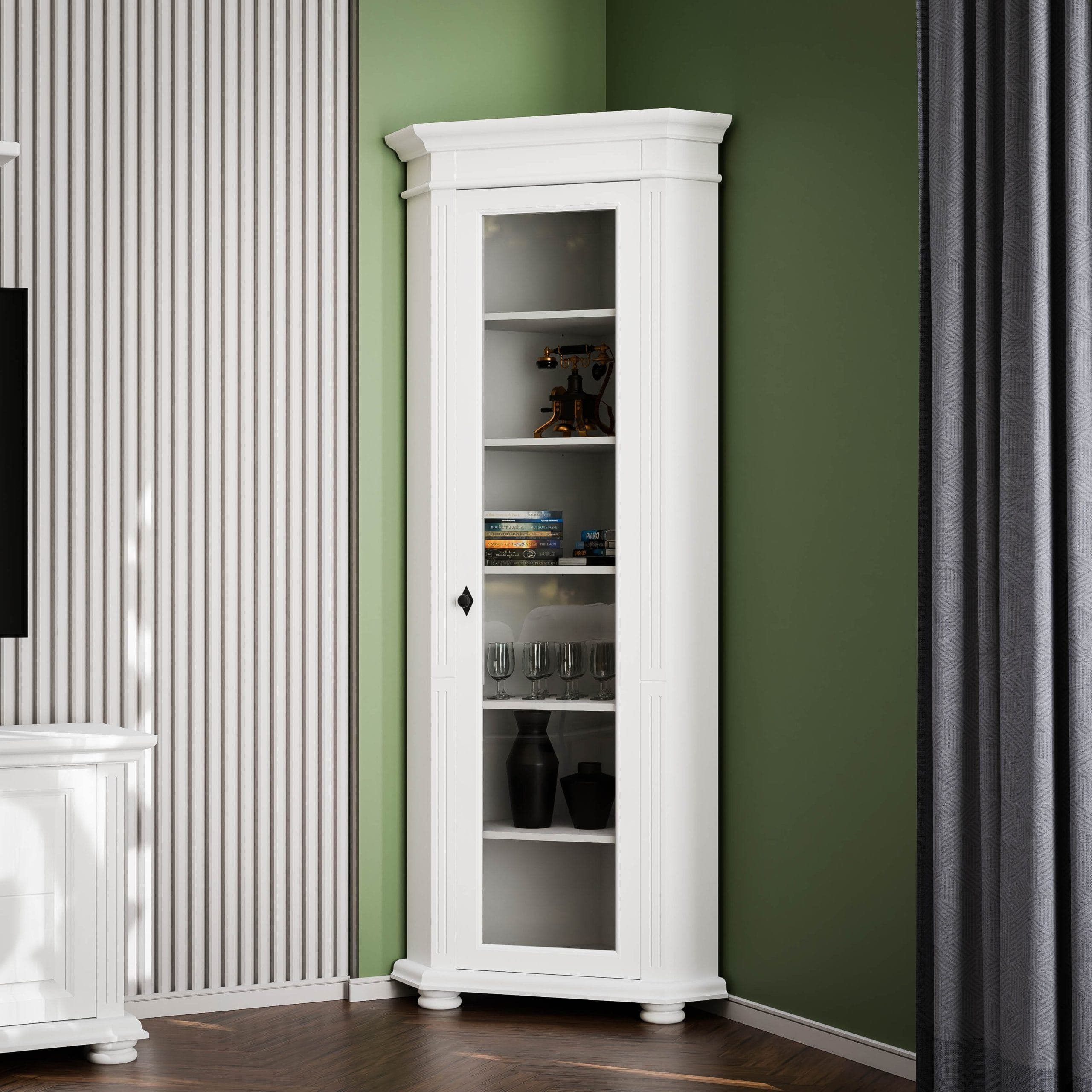 Vitrine d'angle Skagen en bois massif avec façade vitrée