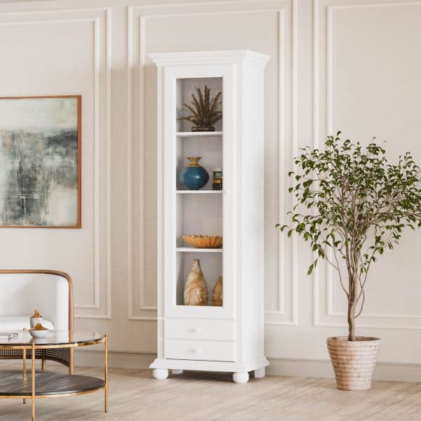 Vitrine « Fjord » en bois massif avec porte vitrée, blanc beurre