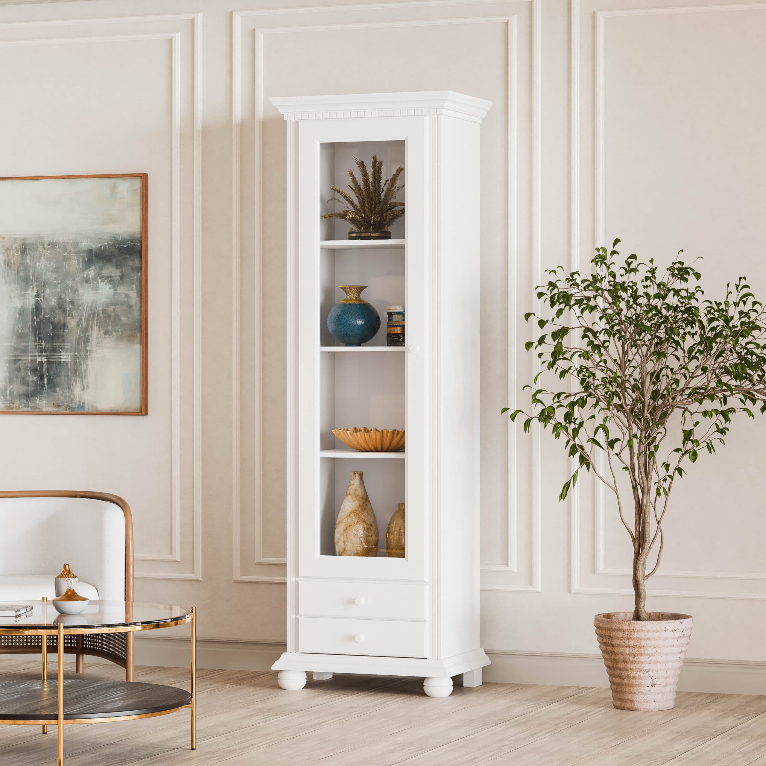 Vitrine « Fjord » en bois massif avec porte vitrée, blanc beurre