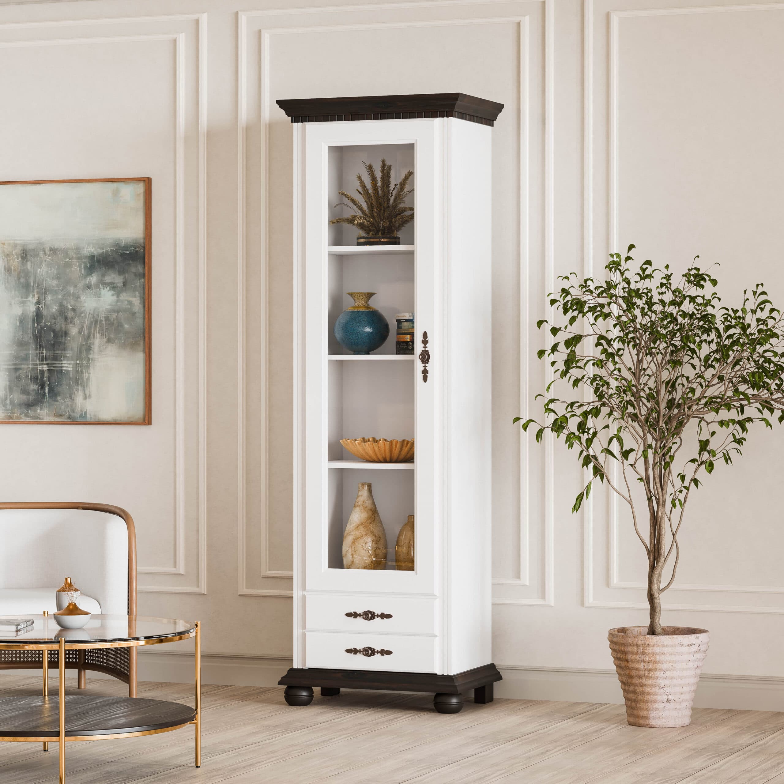 Vitrine « Fjord » en bois massif avec porte vitrée, blanc beurre
