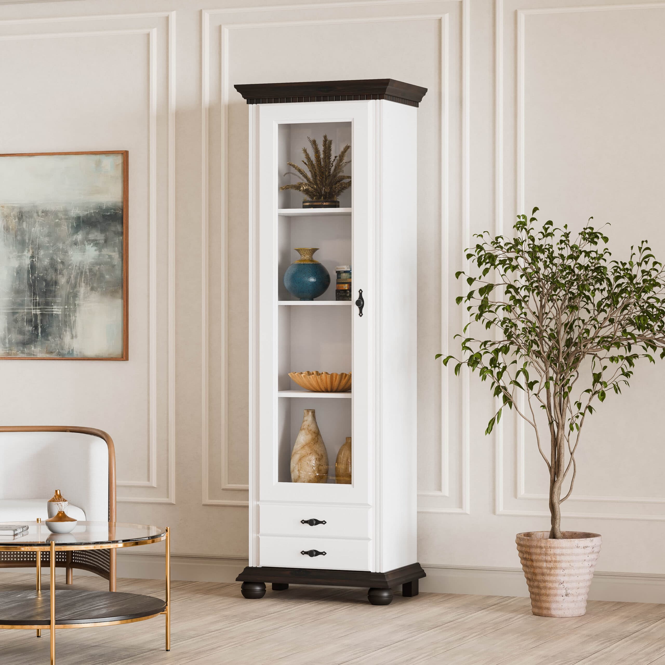 Vitrine « Fjord » en bois massif avec porte vitrée, blanc beurre