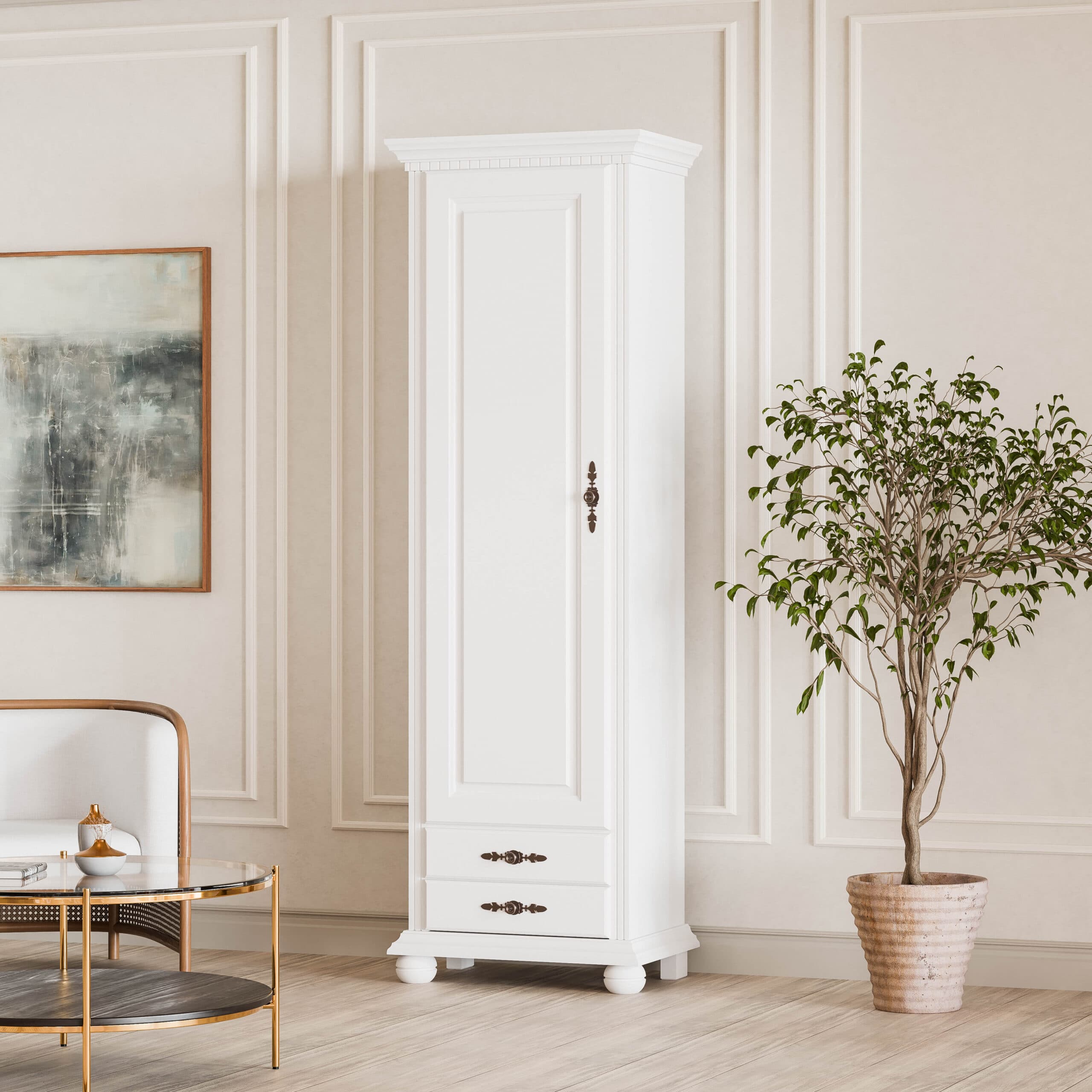 Vitrine « Fjord » en bois massif avec porte vitrée, blanc beurre