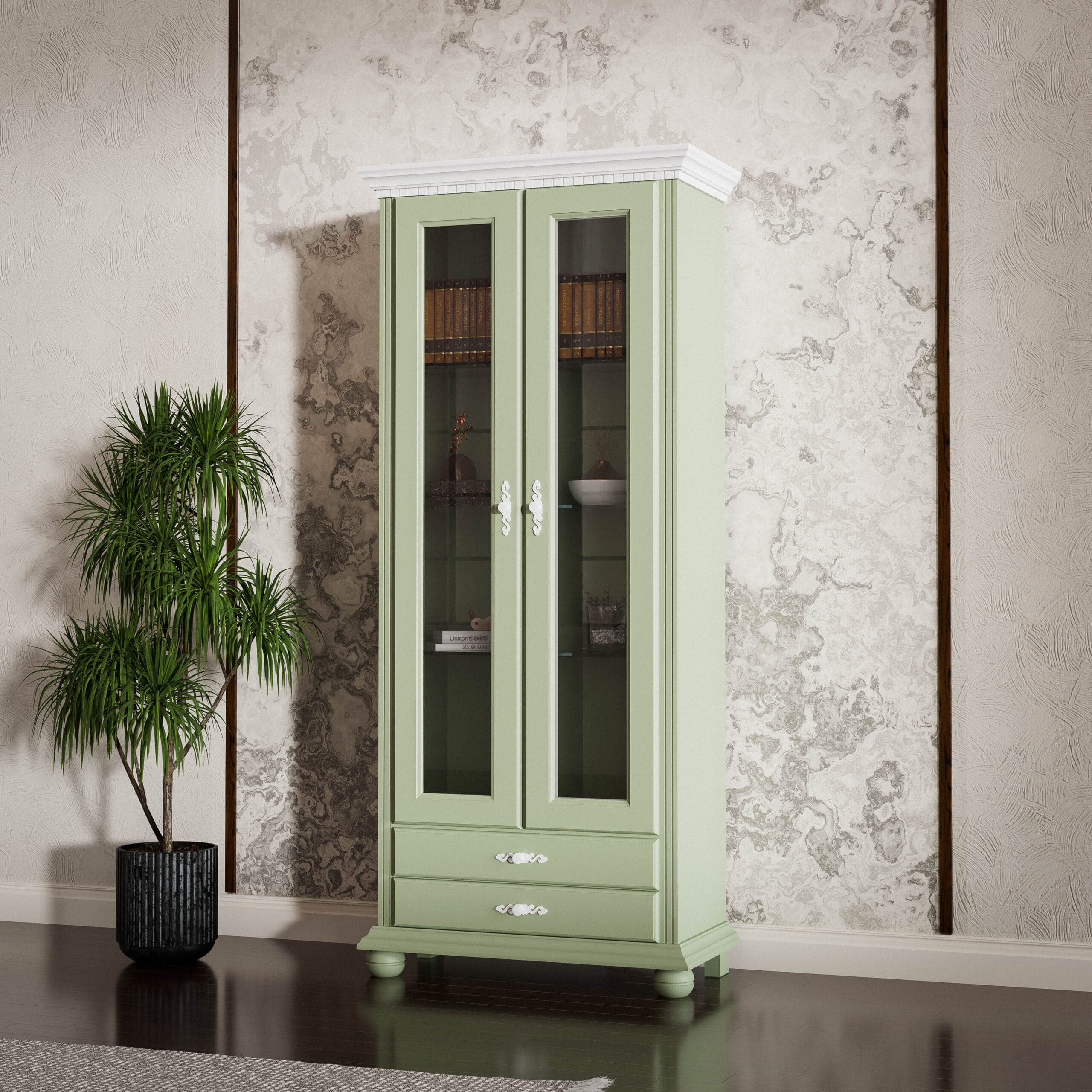 Vitrine en bois massif « Fjord 3 » avec portes vitrées, couleur sauge