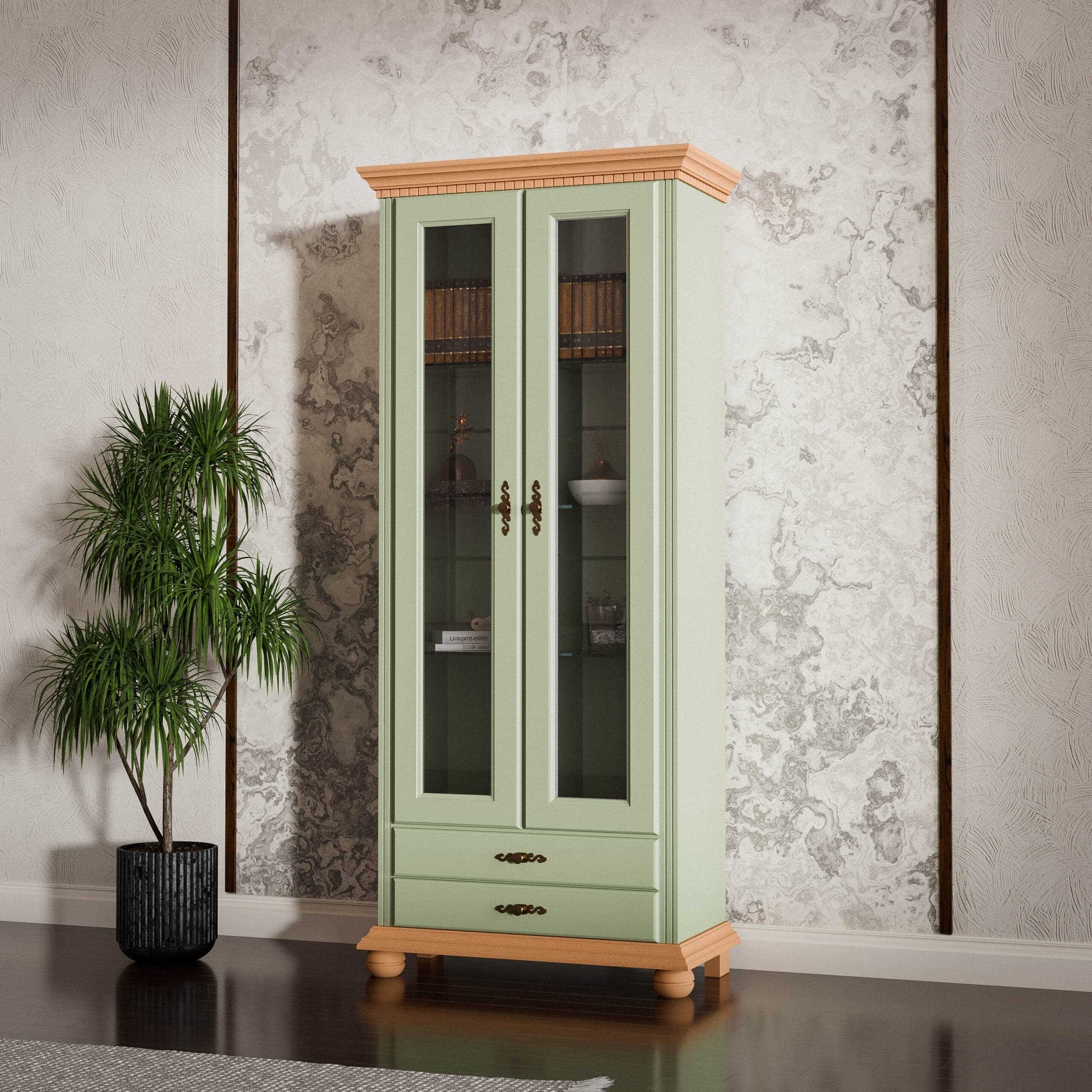 Vitrine en bois massif « Fjord 3 » avec portes vitrées, couleur sauge