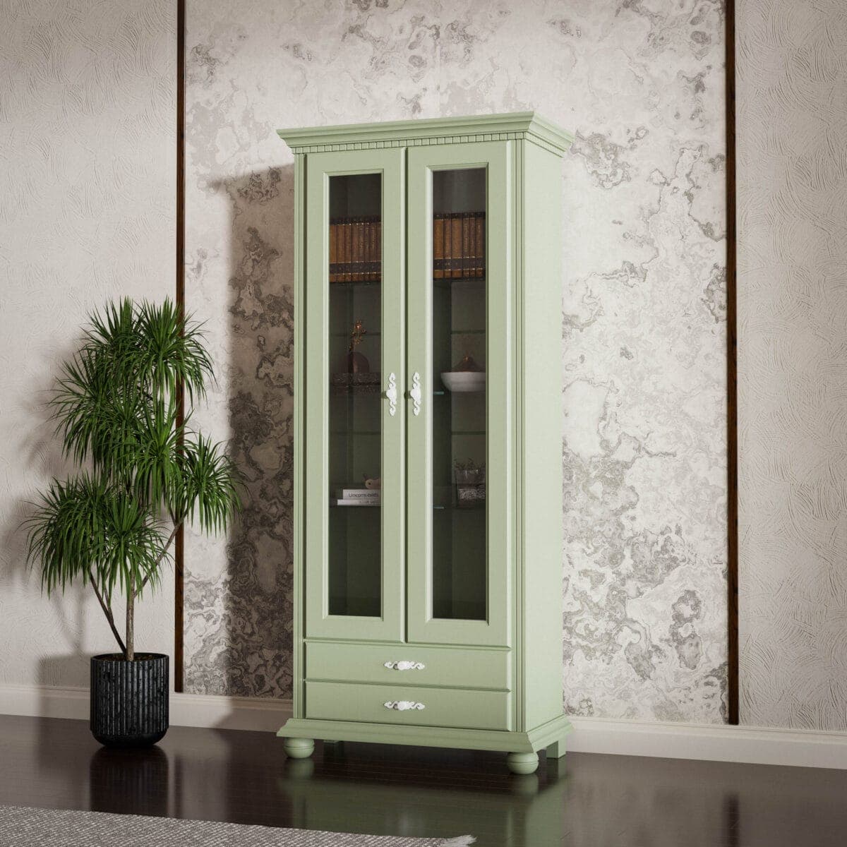 Vitrine en bois massif « Fjord 3 » avec portes vitrées, couleur sauge