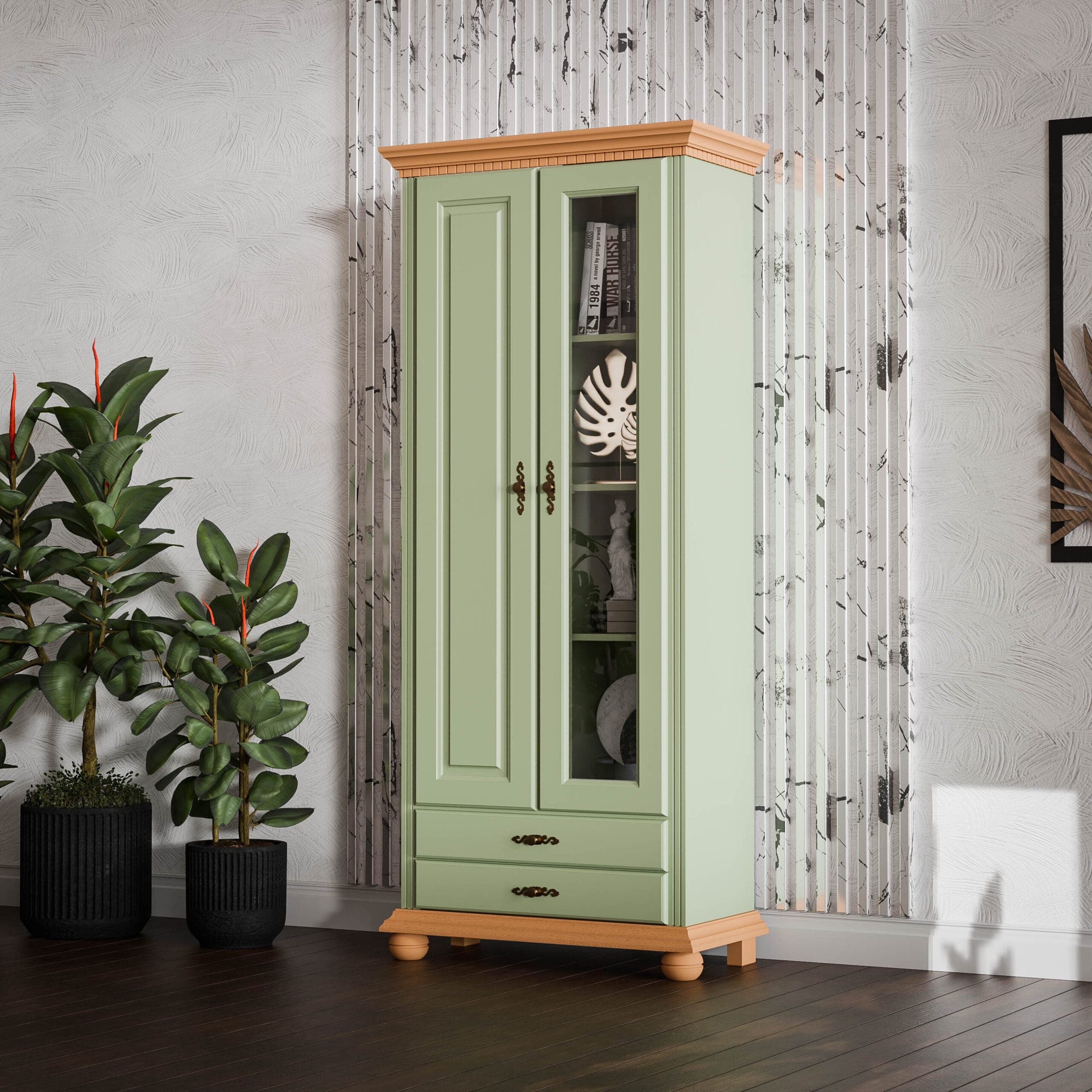 Vitrine « Fjord » en bois massif avec porte en bois et en verre
