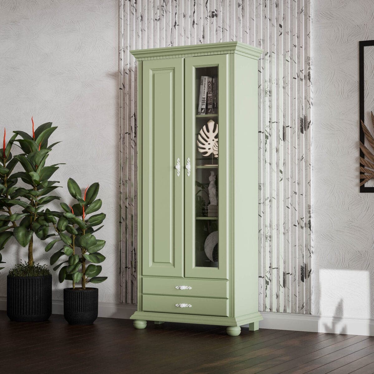 Vitrine « Fjord » en bois massif avec porte en bois et en verre