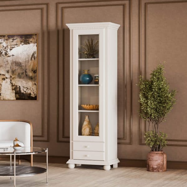 Vitrine « Fjord » en bois massif avec porte vitrée, beige cachemire