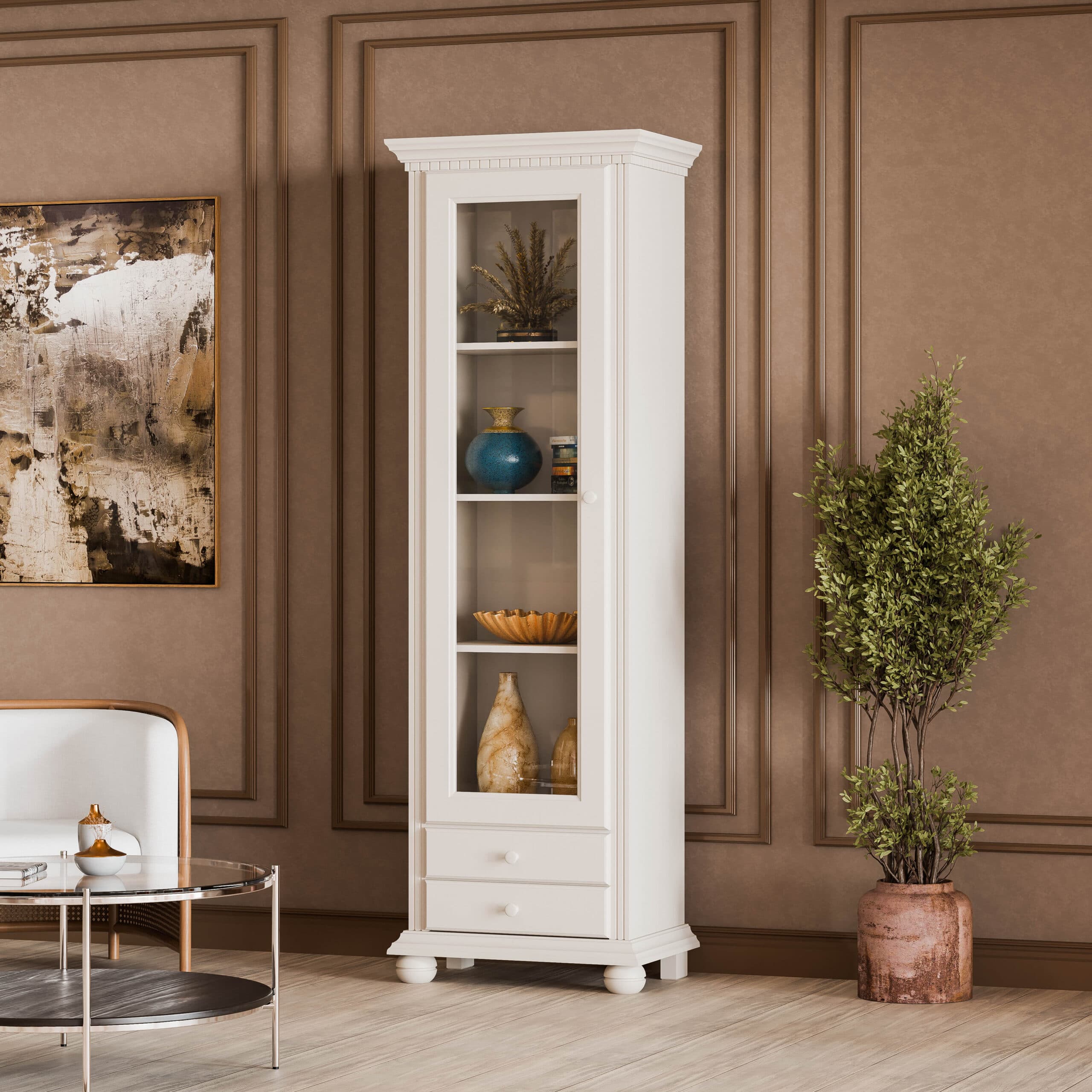 Vitrine « Fjord » en bois massif avec porte vitrée, beige cachemire