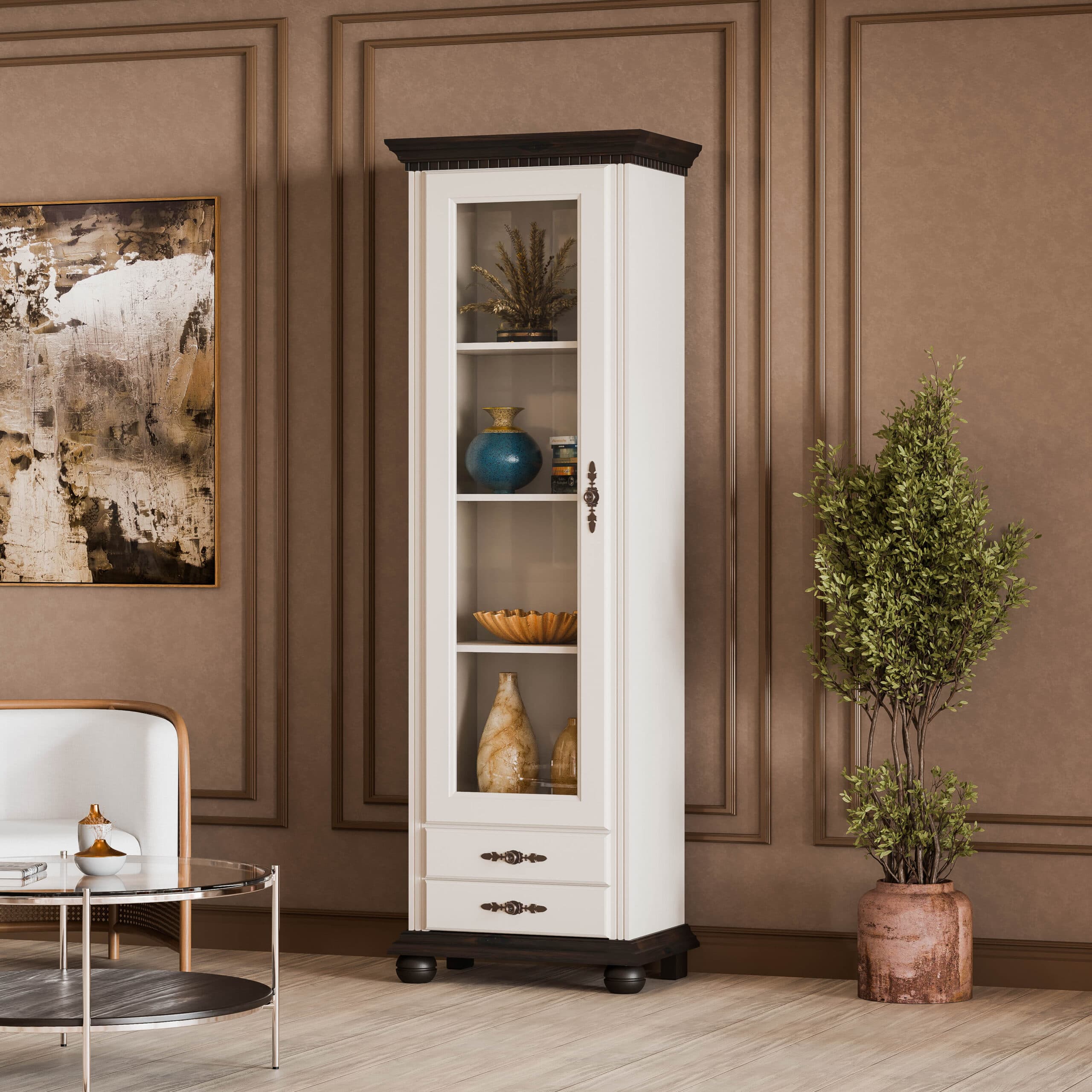 Vitrine « Fjord » en bois massif avec porte vitrée, beige cachemire