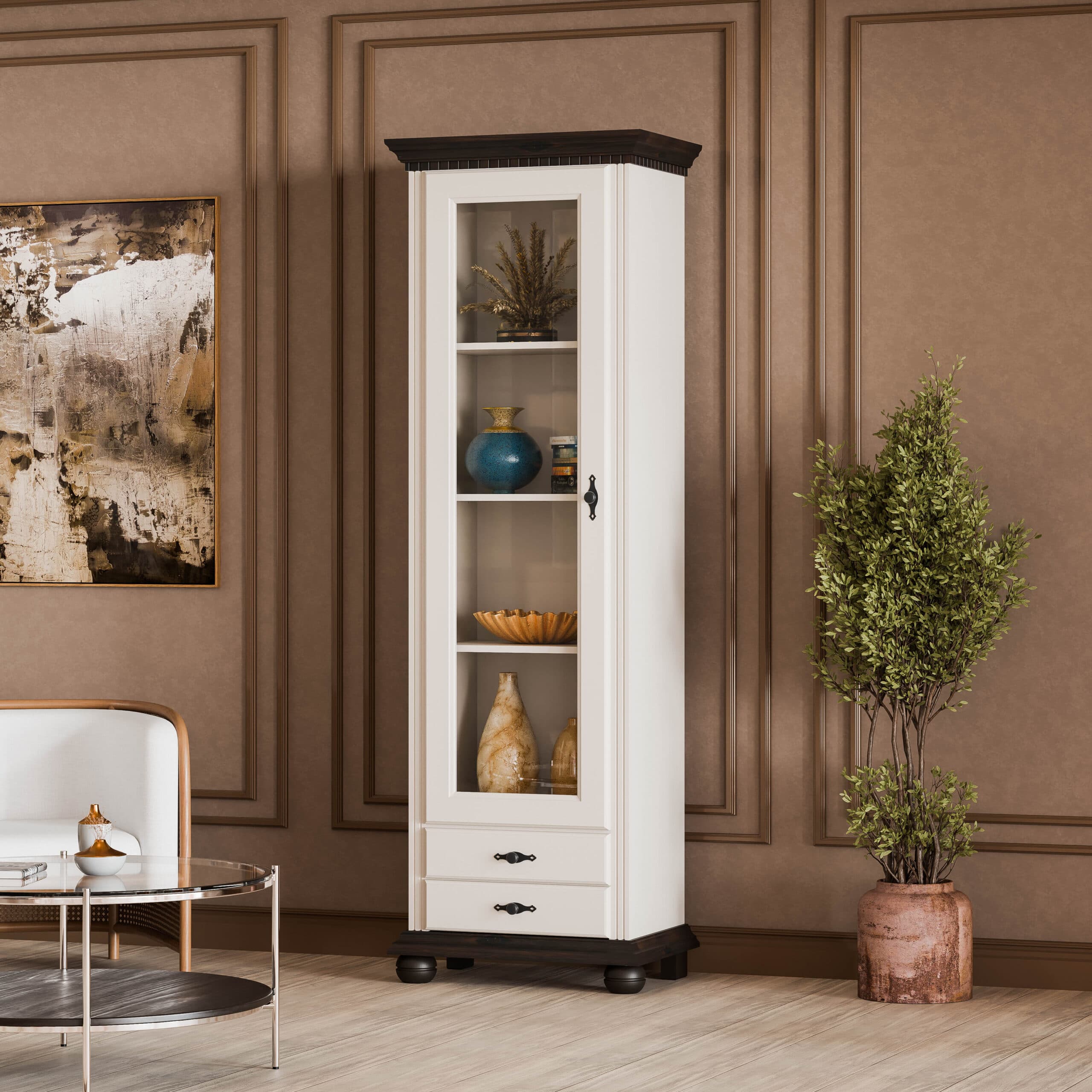 Vitrine « Fjord » en bois massif avec porte vitrée, beige cachemire