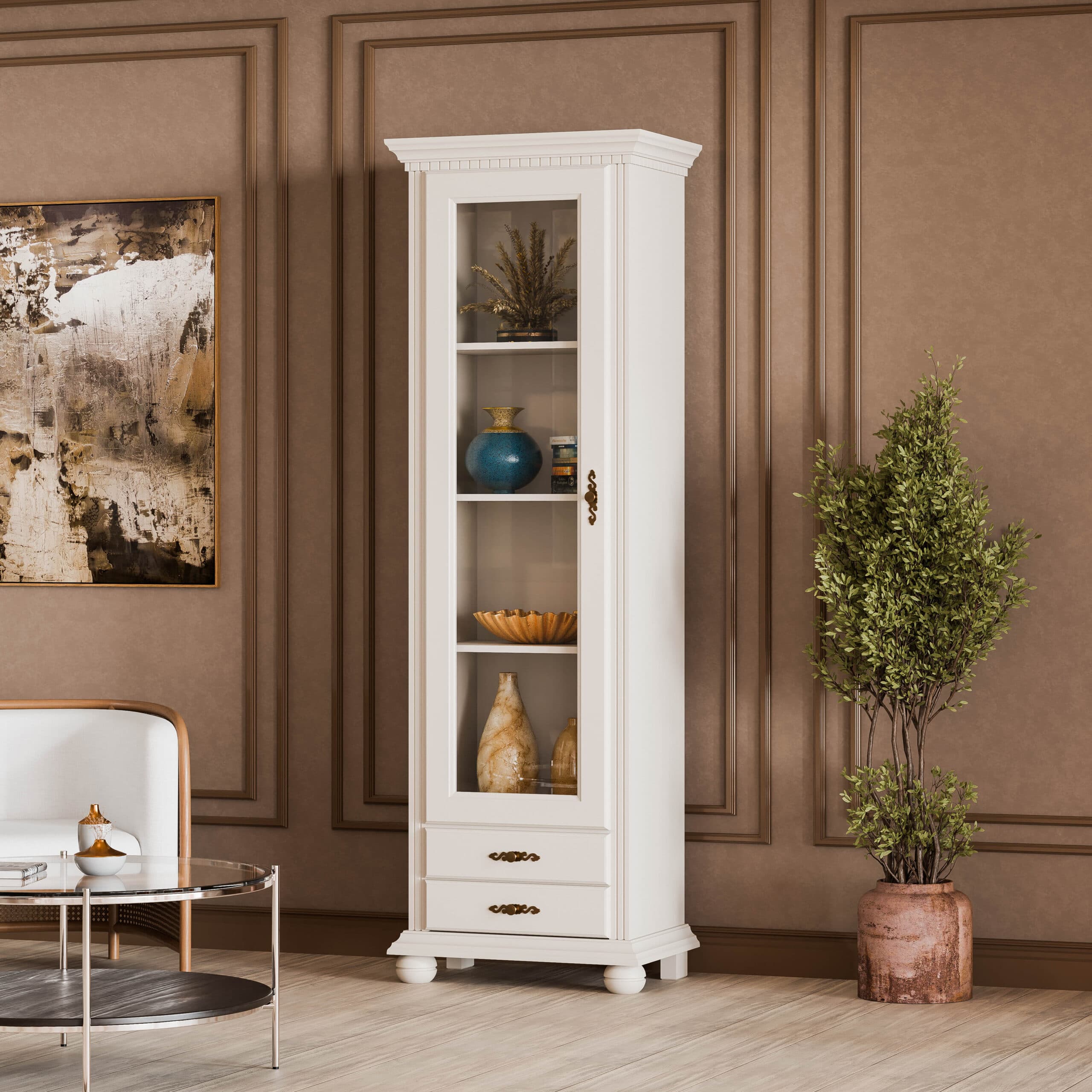 Vitrine « Fjord » en bois massif avec porte vitrée, beige cachemire