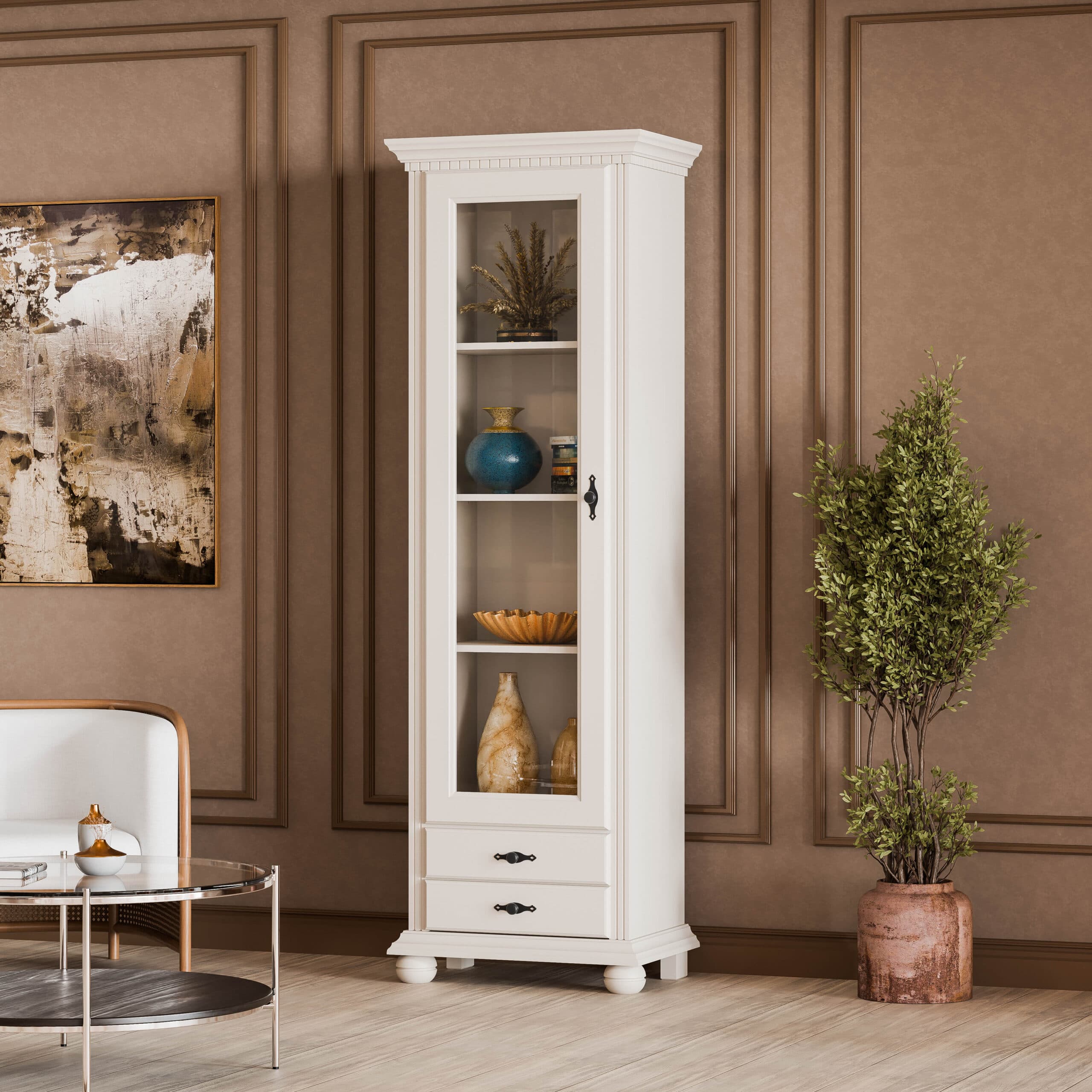 Vitrine « Fjord » en bois massif avec porte vitrée, beige cachemire