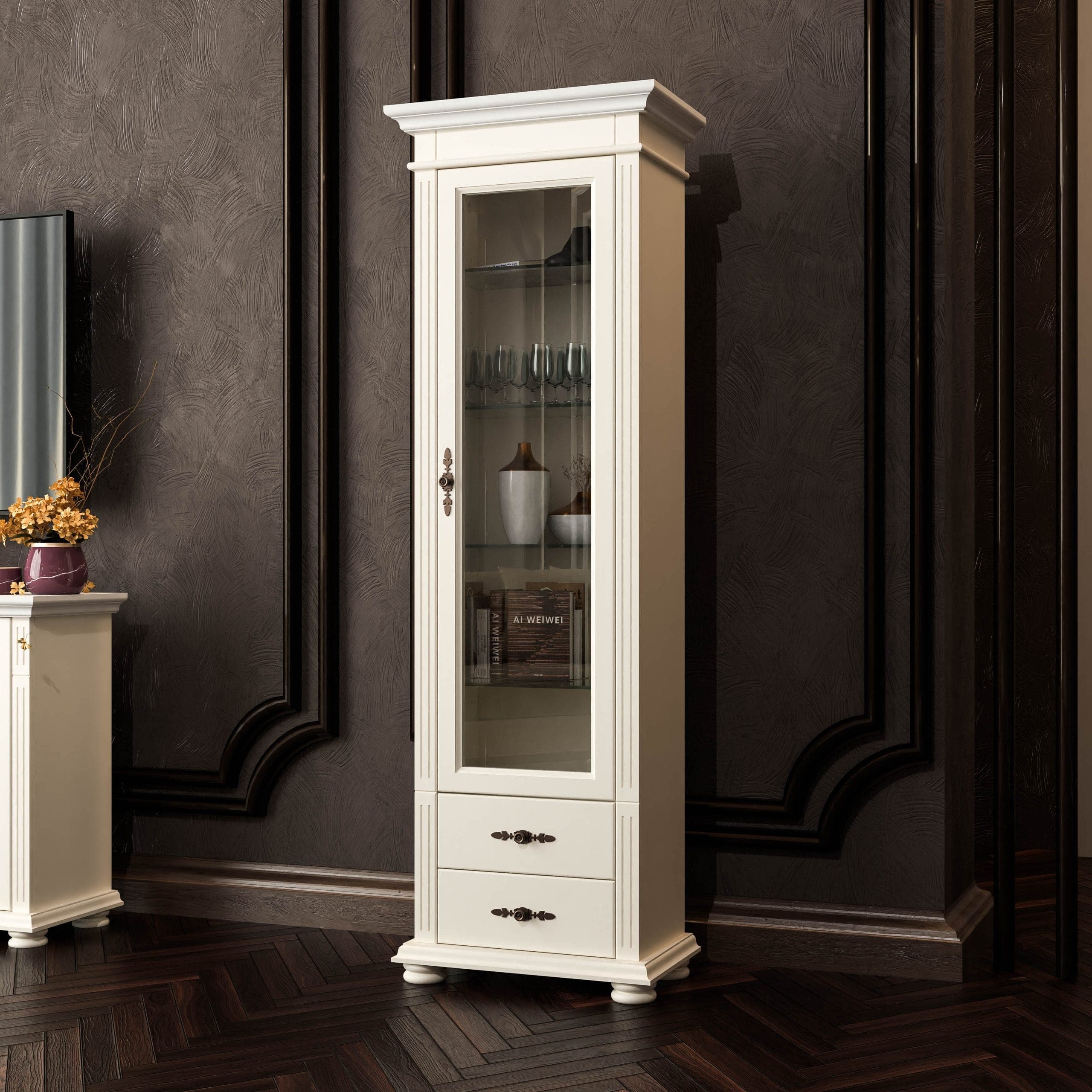 Vitrine moyenne Skagen en bois massif, couleur vanille