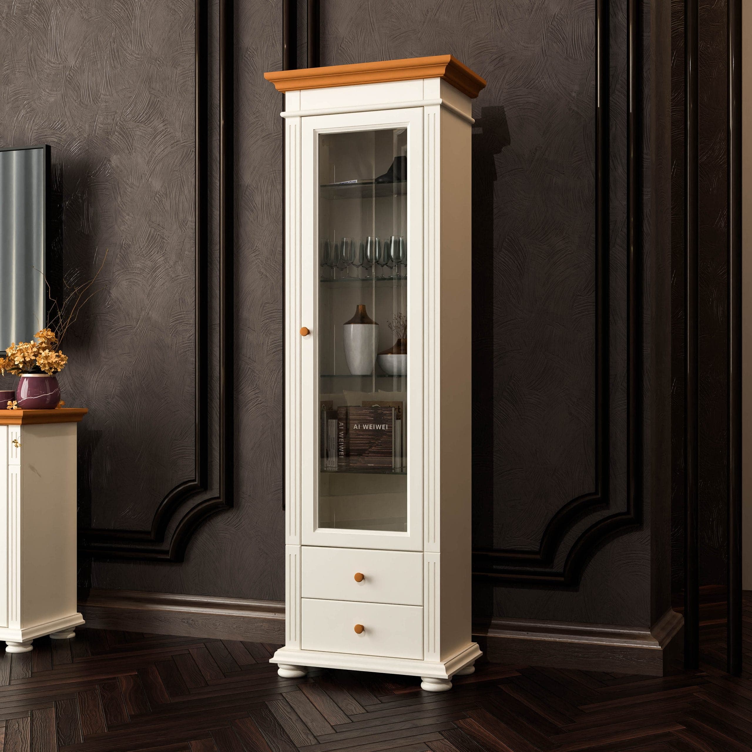Vitrine moyenne Skagen en bois massif, couleur vanille