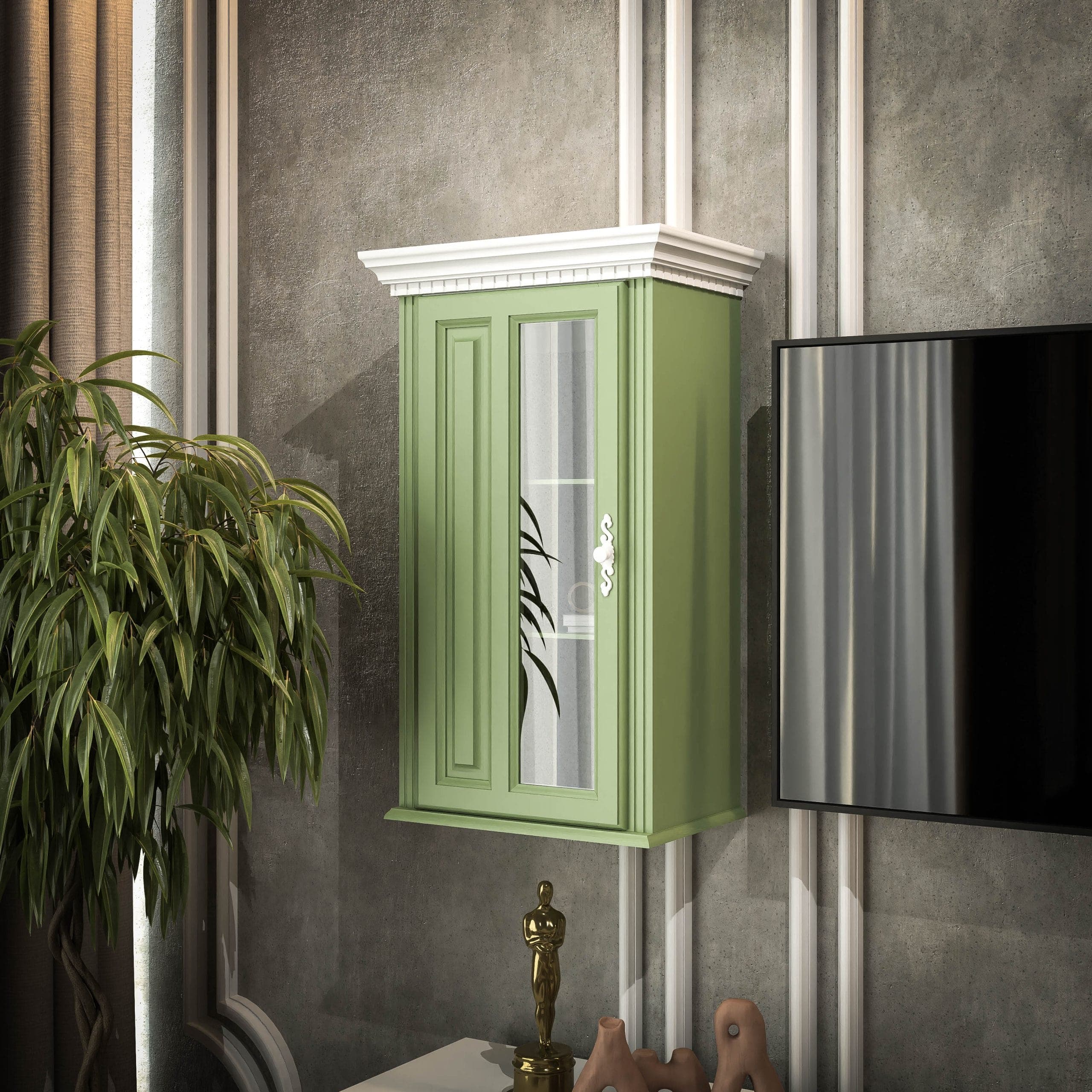 2 vitrines suspendues « Fjord » en bois massif, couleur sauge