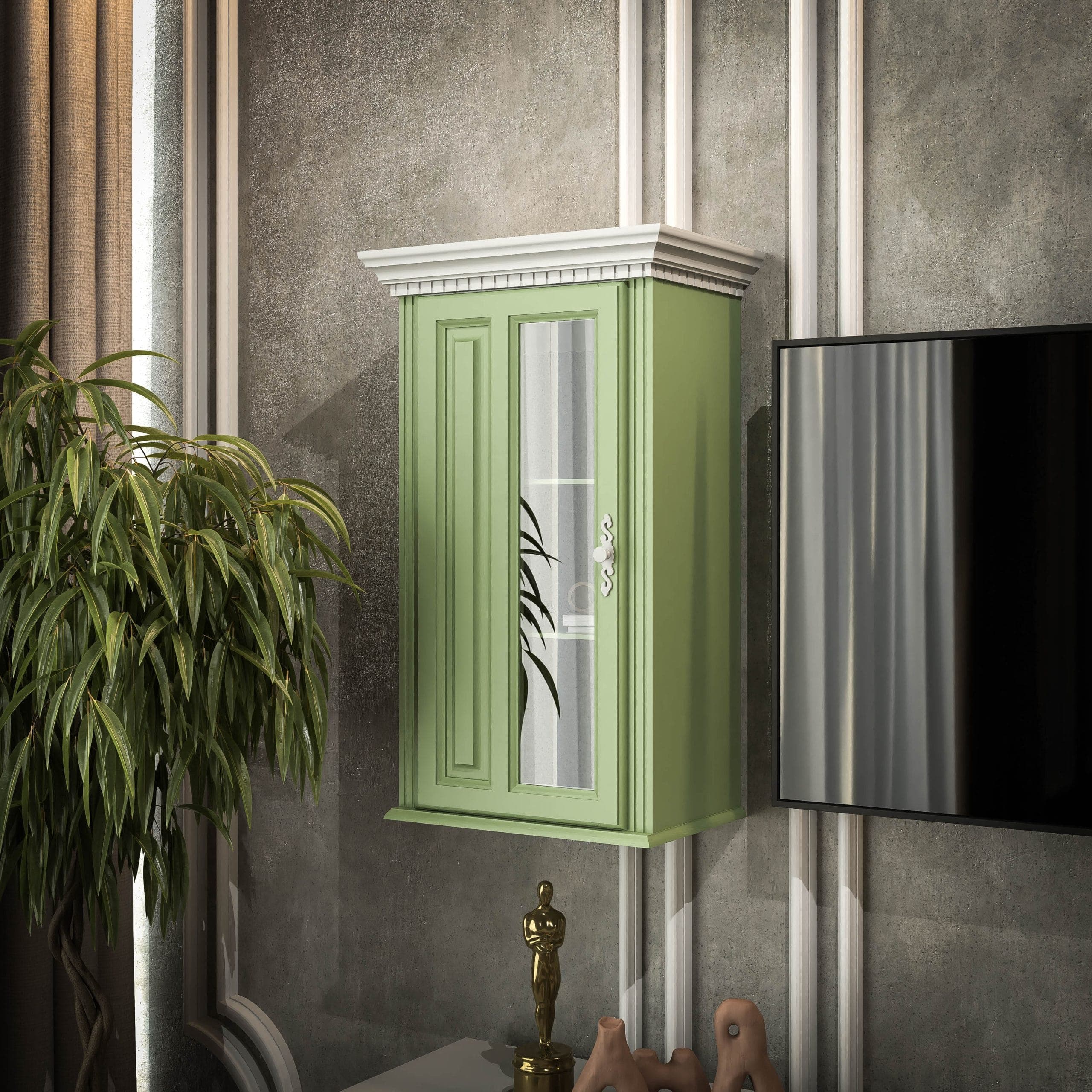 2 vitrines suspendues « Fjord » en bois massif, couleur sauge