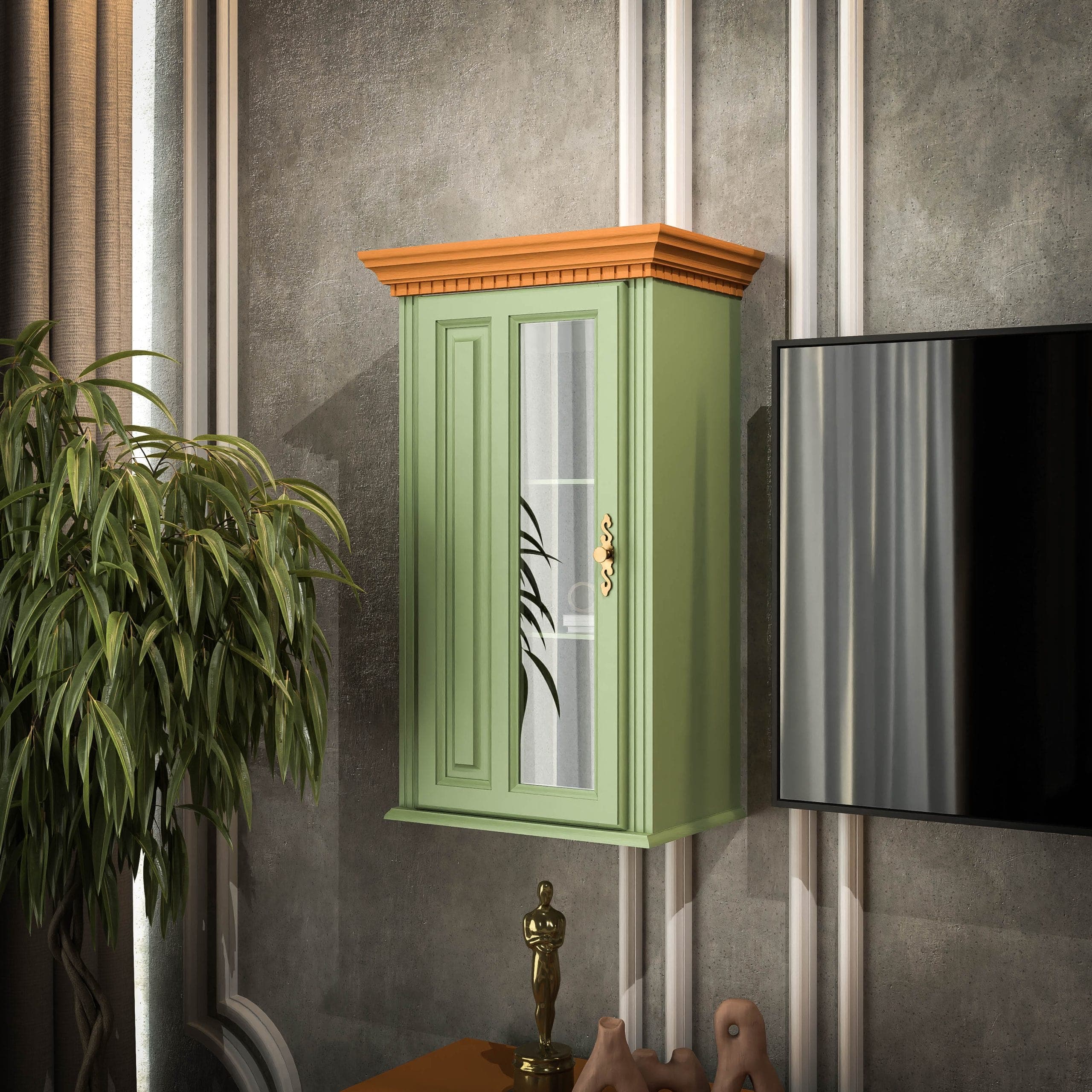 2 vitrines suspendues « Fjord » en bois massif, couleur sauge