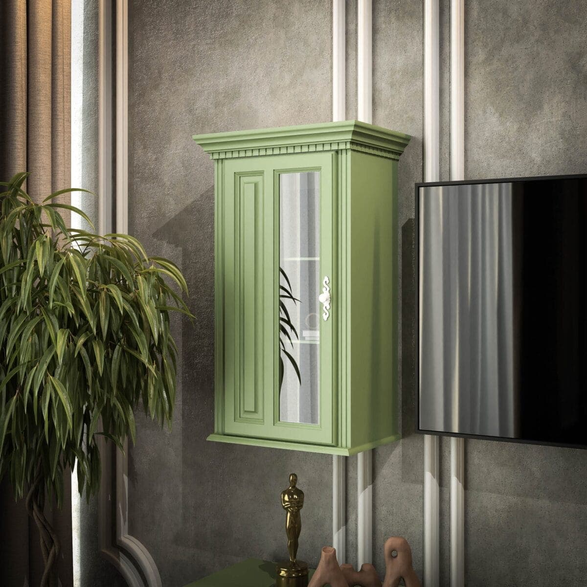 2 vitrines suspendues « Fjord » en bois massif, couleur sauge