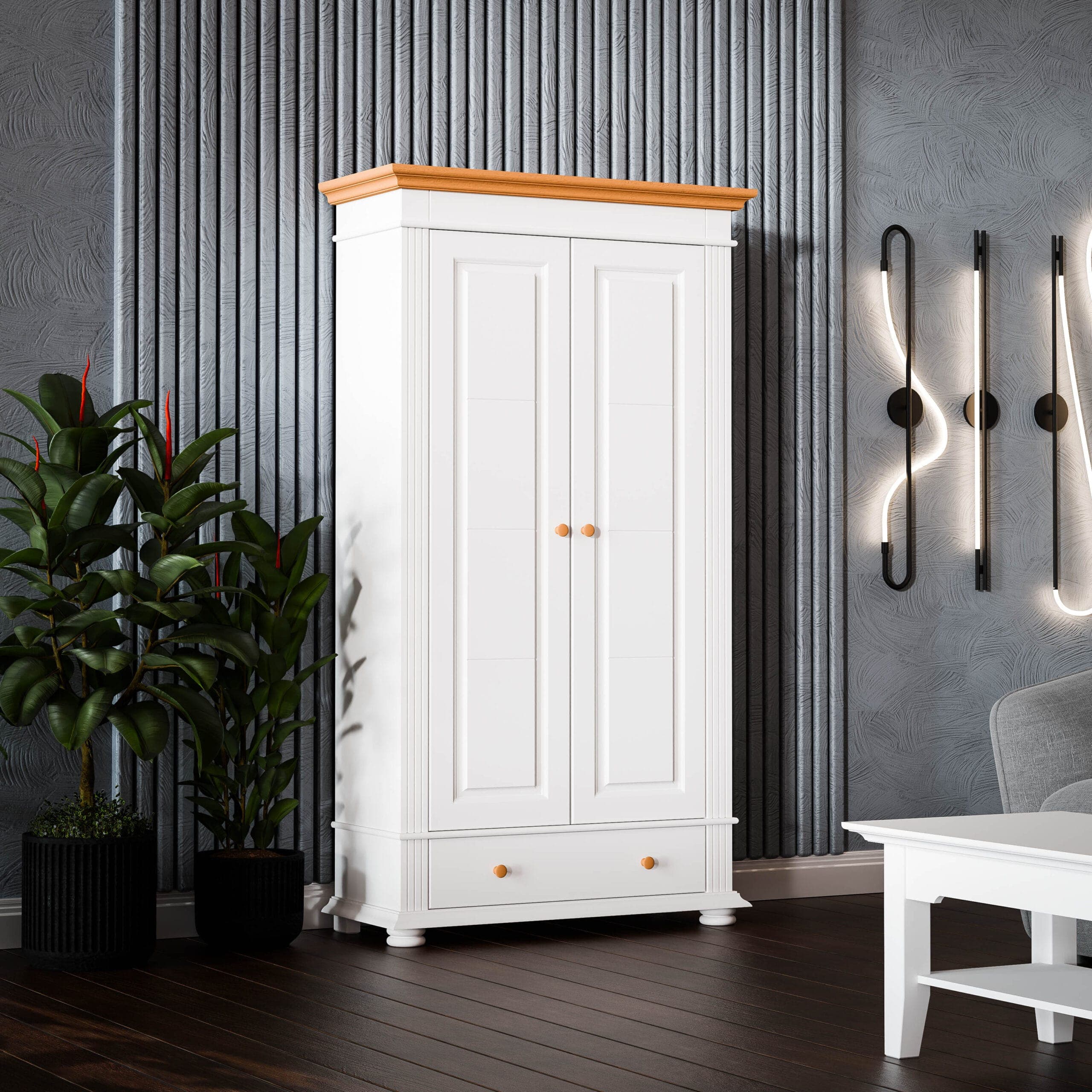 Armoire Skagen à deux portes en bois massif, couleur blanc antique