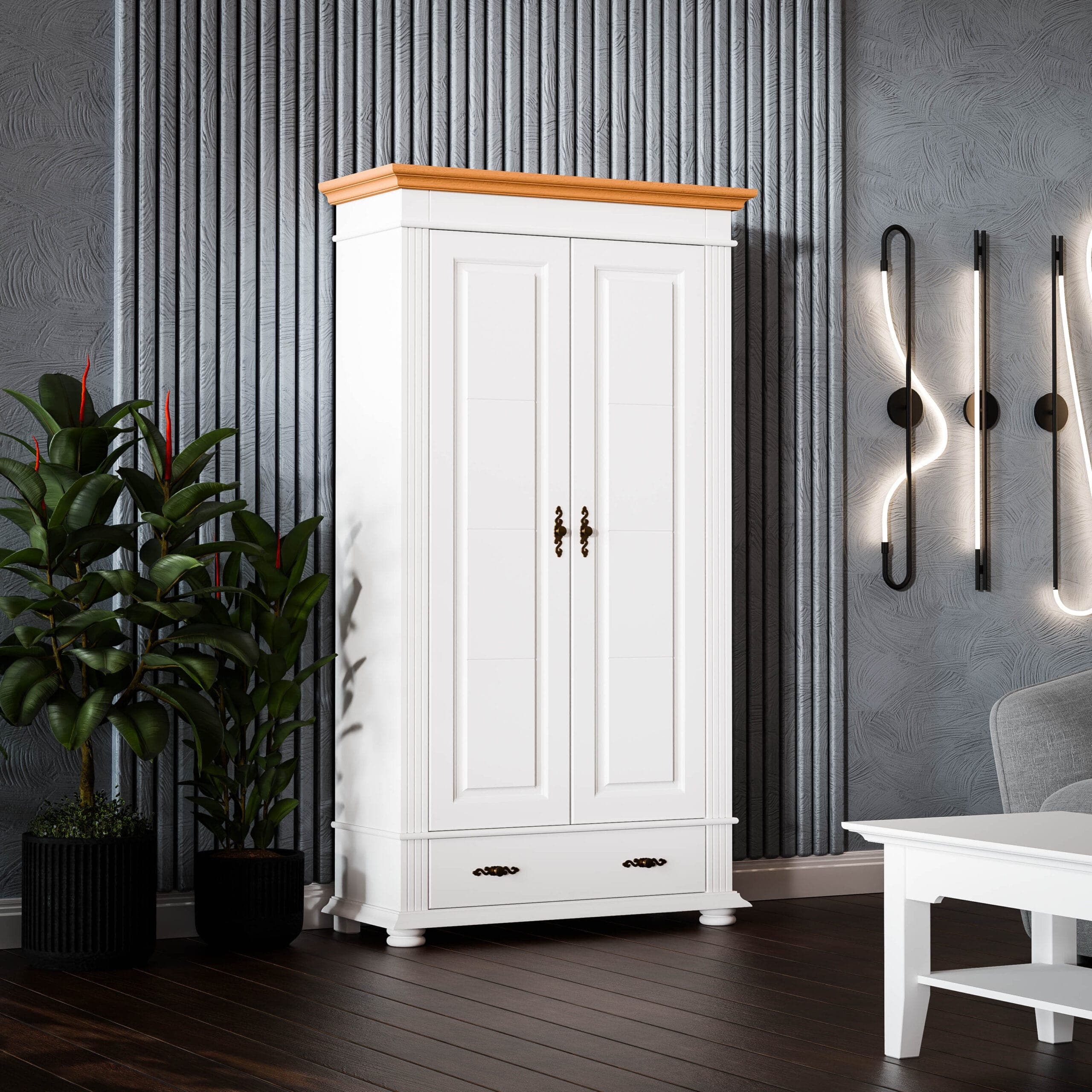Armoire Skagen à deux portes en bois massif, couleur blanc antique